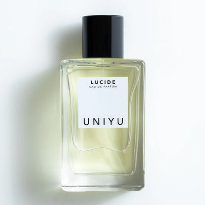 LUCIDE by UNIYU, a fragrance of creativity and clarity, combining bergamot, violet, lily of the valley, cedarwood, vanilla, and musk.